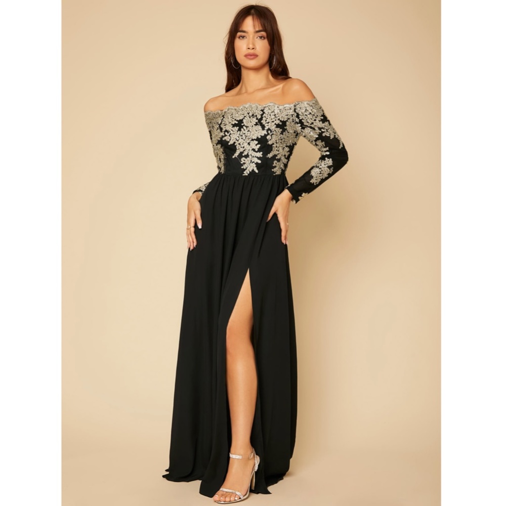 Off Shoulder Embroidered High Slit Maxi Dress Black Gold Long Sleeve